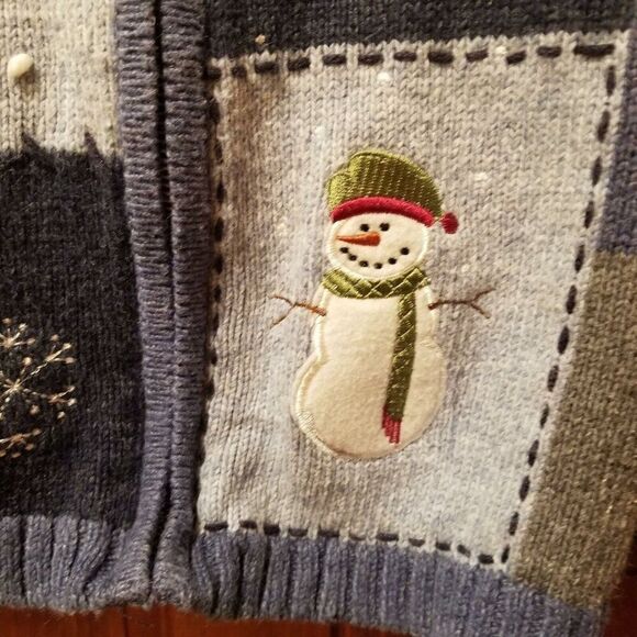 Womens Sweater L Blue Cardigan Zip Up Casual Winter Snowmen - Picture 12 of 12